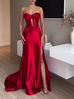 Tube Top Slit Red Extra Long Evening Gown