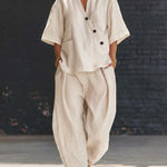 Loose-fit V-neck Top And High-waist Trousers - white