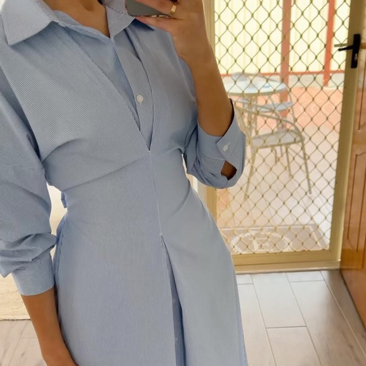 Blue Striped Single-breasted Maxi Shirt Dress