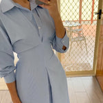 Blue Striped Single-breasted Maxi Shirt Dress