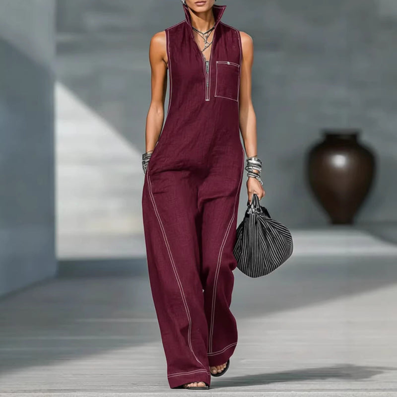 Stand-up Collar Jumpsuit With Pockets - maroon