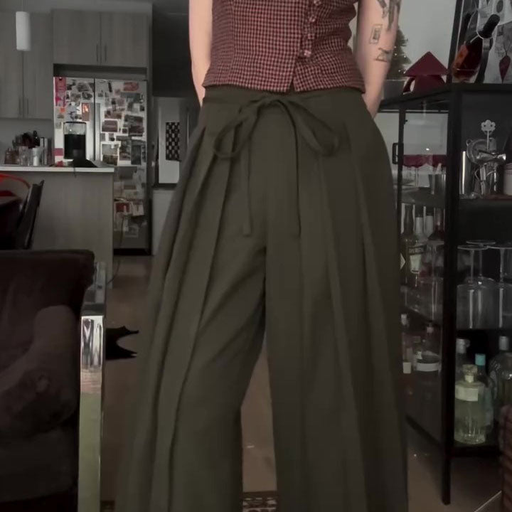 Military Green High Waist Wide-Leg Draped Pants