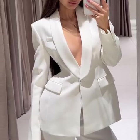 Solid Color Lapel Suit Jacket & High Waist Pants Set