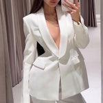 Solid Color Lapel Suit Jacket & High Waist Pants Set