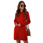 Long Sleeve Crew Neck Sweater Dress - red