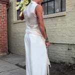 Ivory Satin Asymmetric Sculptural Draped Cowl-Collar Sleeveless Top