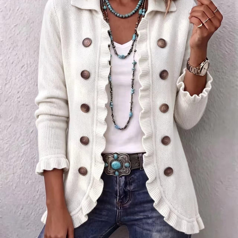 Double-Button Ruffle-Trim Knit Cardigan - white