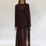 Sheer Mesh Yoke Side-Tie Ruche Front-Slit Maxi Dress