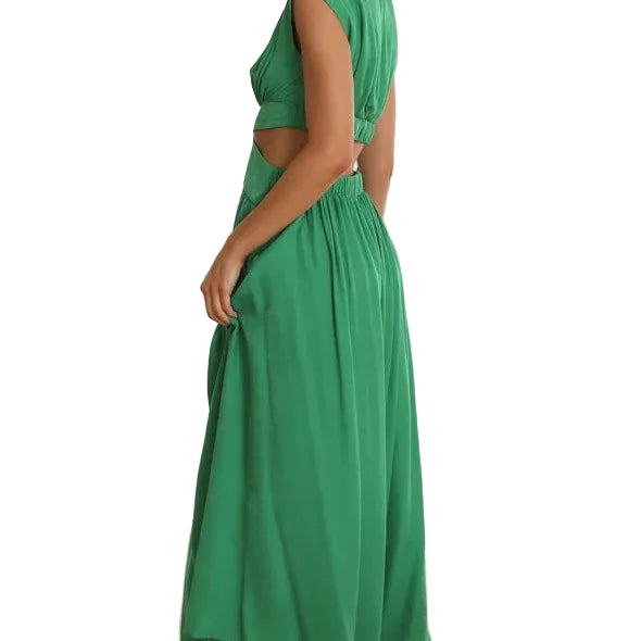 High Neck Side Cut-Out Pleated Midi Dress - green