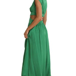 High Neck Side Cut-Out Pleated Midi Dress - green