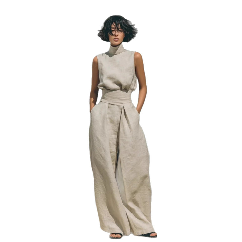 Stand-up Collar Pullover Top And Loose Straight-leg Trousers