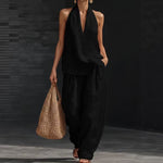 Sleeveless V-neck Halter Top And Wide-leg Pants - black