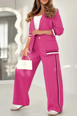 2 Pcs Set Long Sleeves Jacket Wide Leg High Waist Trousers Outfit - pink