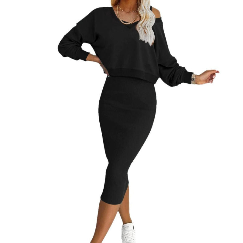 V-neck Pullover Sweatshirt And Sleeveless Dress Set - black