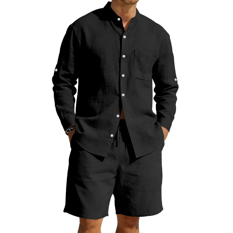Casual Linen Shirt And Shorts Set - black