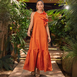 Ruffled-Trim Round-Neck Sleeveless Midi Dress - Orange Red