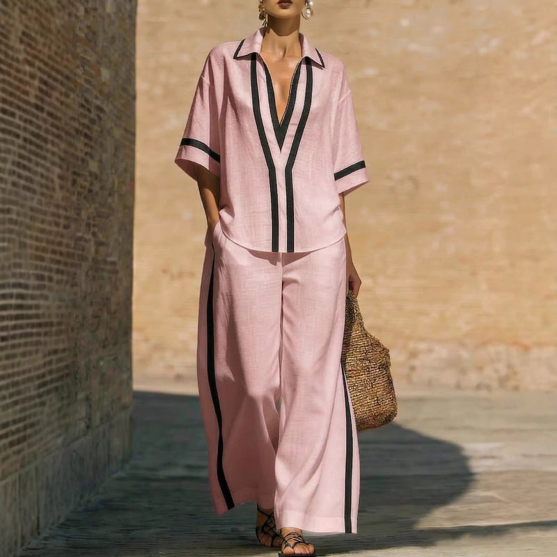Short Sleeve Top And Wide Leg Pants Two Piece Set - pink