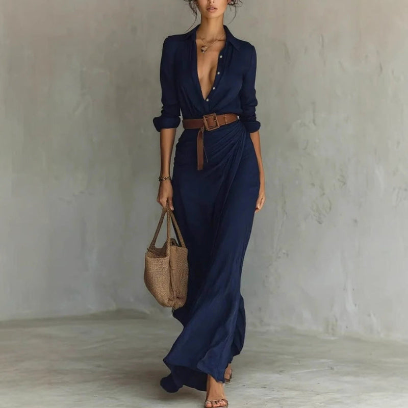 Belted Wrap-Drape Maxi Shirt Dress - khaki - navy blue