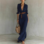 Belted Wrap-Drape Maxi Shirt Dress - khaki - navy blue