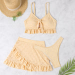 Broderie Anglaise Tie-Front Crop Top, Bikini Bottom & Ruffle Mini Skirt 3-Piece Beach Set - yellow