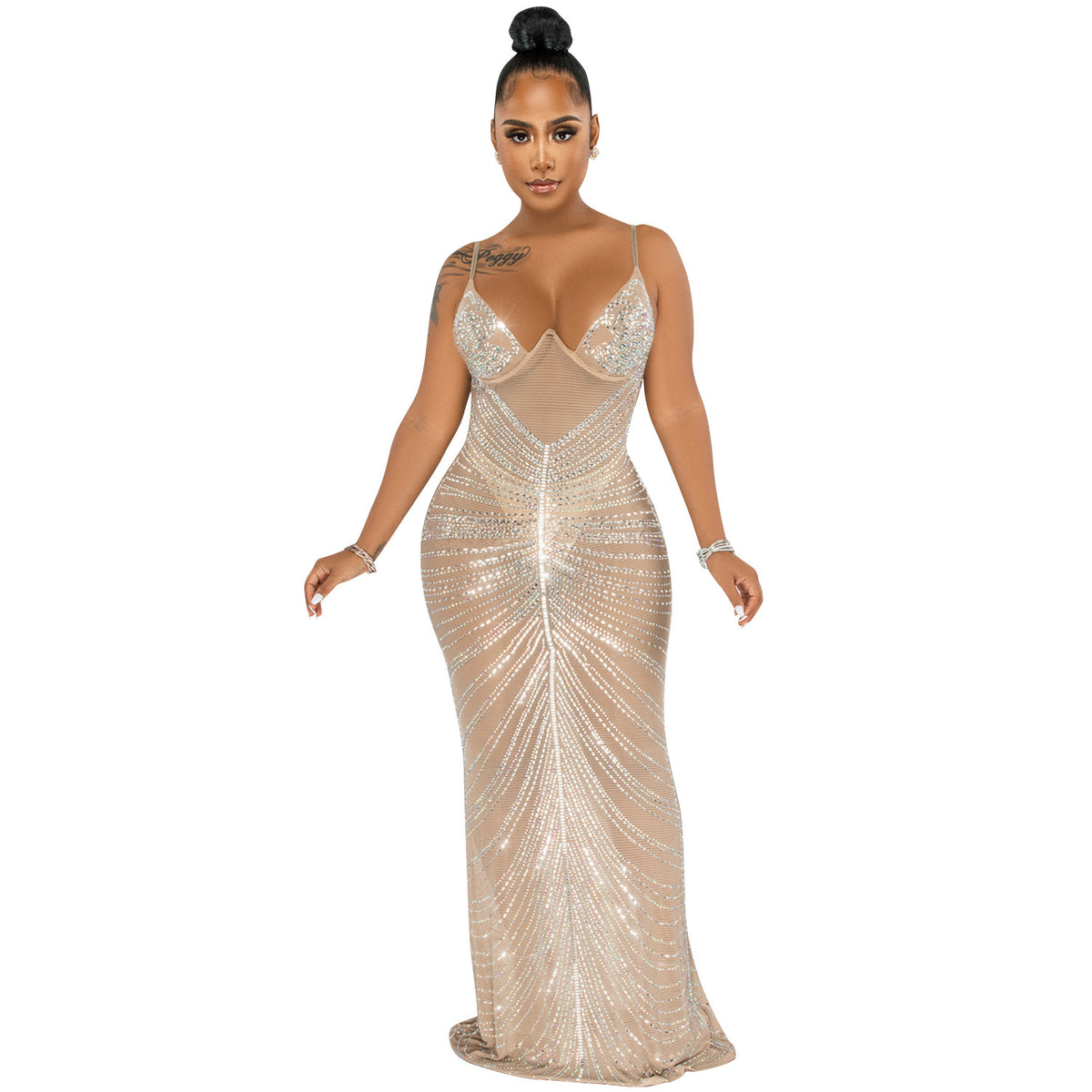 Beaded Strapless Sheer Mesh Maxi Dress