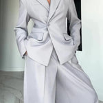 Grey Single-button Blazer & Wide-leg Pants Suit