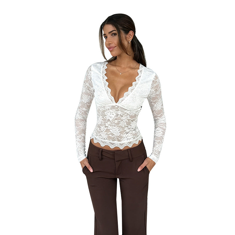 Sheer Lace V-Neck Long Sleeve Top