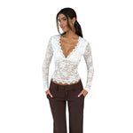 Sheer Lace V-Neck Long Sleeve Top