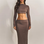 Mocha Rhinestone-Embellished Crop Top Maxi Dress
