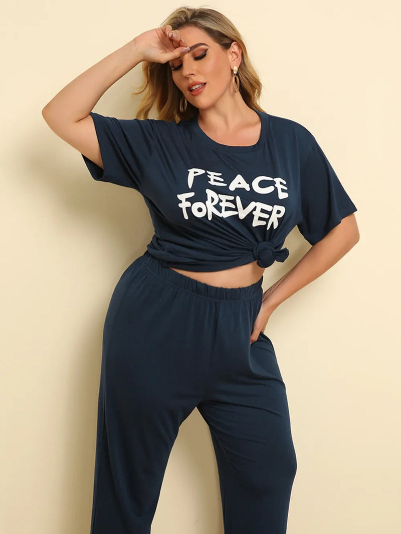 Plus Size PEACE FOREVER Dark Blue Short Sleeve Top & Pants Set - runwayfashionista.com