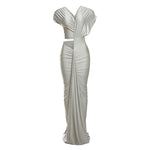 High-waisted silver long dress with irregular hollow pattern and short sleeves.