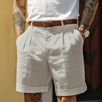 Pleated Linen Shorts with Turn-Up Hem - white