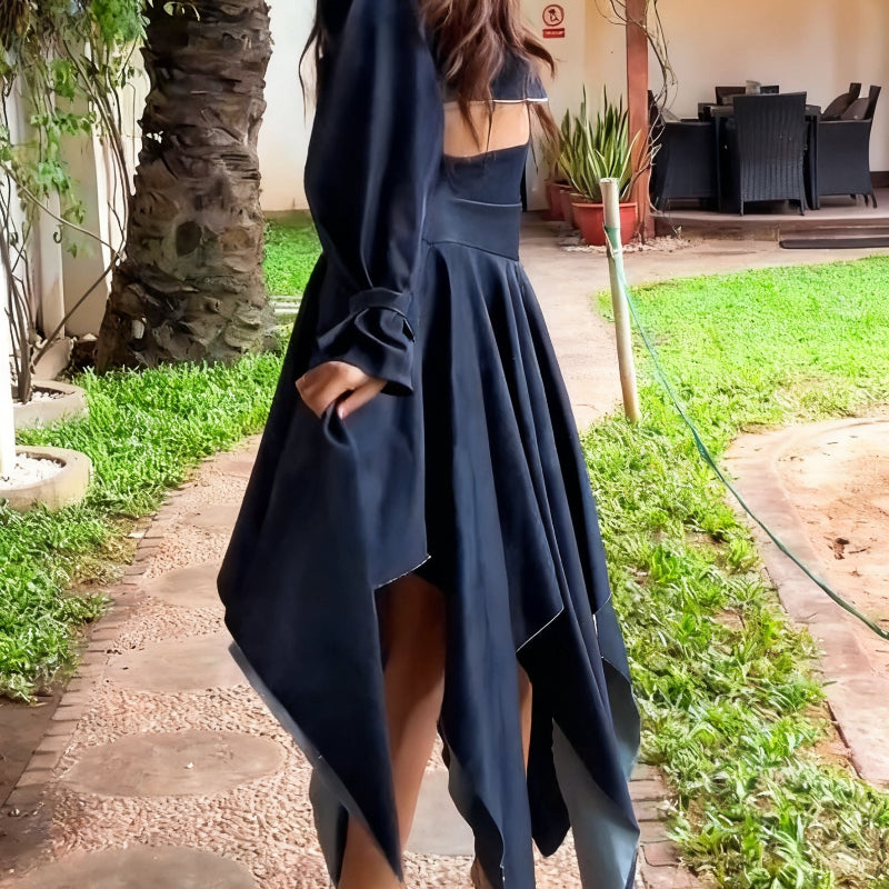 Chic Long-sleeved Cropped Jacket & Irregular Hem Denim Skirt Set