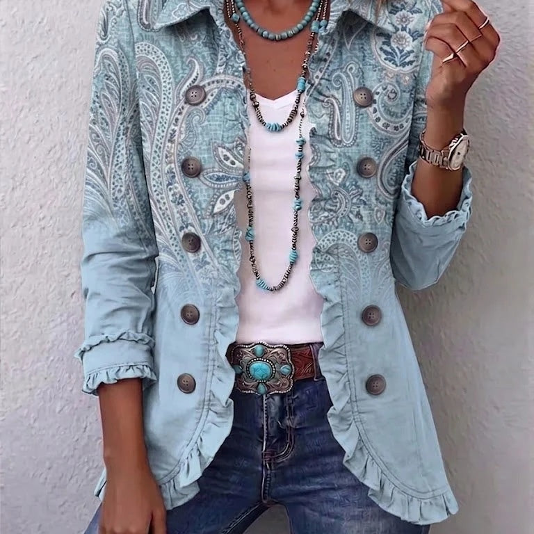 Double-Button Ruffle-Trim Knit Cardigan - light blue