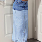 Asymmetric Two-Tone Denim Maxi Skirt