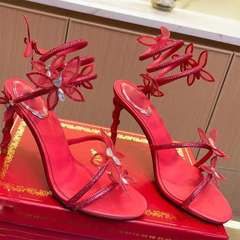 Snake Butterfly Rhinestone Flower Stiletto Heels