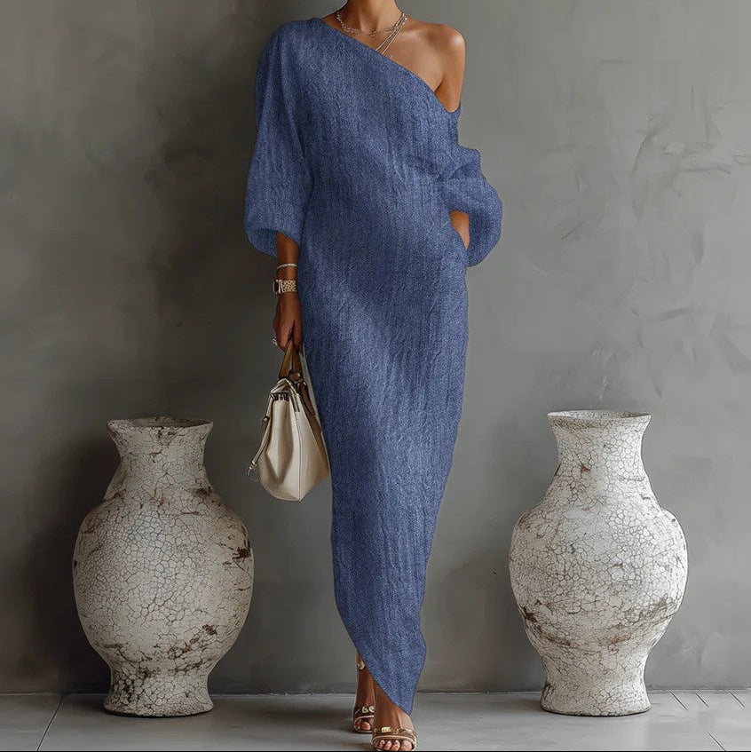 Irregular Off-shoulder Midi Dress - blue