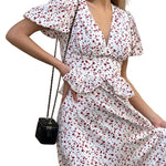Ditsy Cherry Floral Flutter-Sleeve Ruffle Waist Maxi Dress