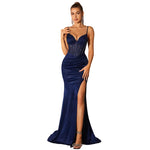 Rhinestone Corset-Bead Spaghetti-Strap Mermaid Gown with High Slit - navy blue