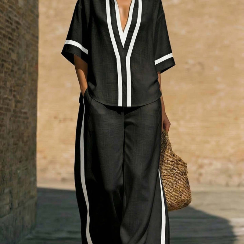 Short Sleeve Top And Wide Leg Pants Two Piece Set - black
