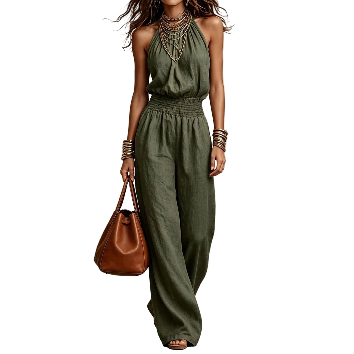 Halter Neck Shirred Waist Wide-Leg Jumpsuit - ary green