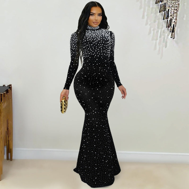 Elegant High Neck Rhinestone Beaded Bodycon Maxi Dress - Black