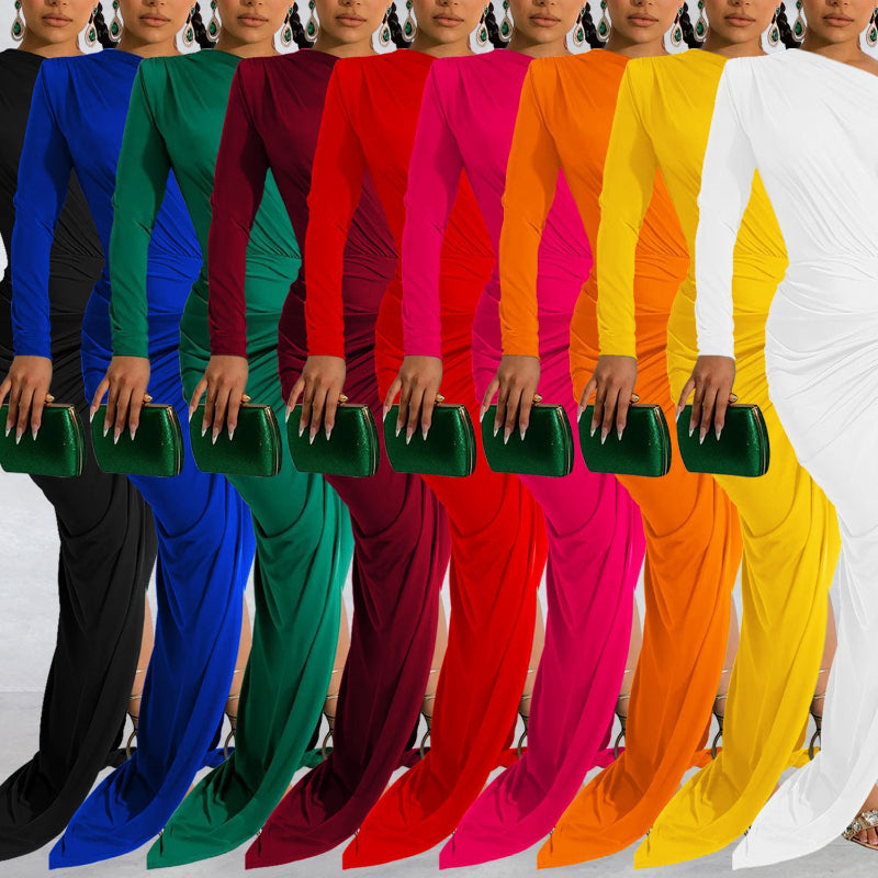 Asymmetrical Neck Single Long Sleeve Maxi Dress with Pleats