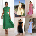 High Neck Side Cut-Out Pleated Midi Dress