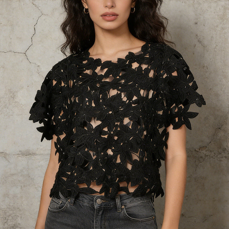 Black Floral Lace Cut-Out Short Sleeve Top