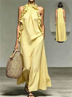 Resort Style Ruffled Halter Neck Sleeveless Maxi Dress - yellow