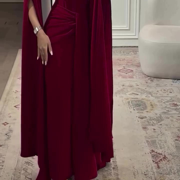 Elegant Burgundy Square - Neck CapeMaxi Dress