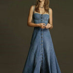 Denim Single-breasted Suspender Maxi Dress