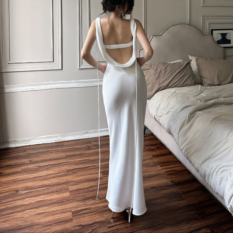 White Satin Backless Cutout Maxi Dress