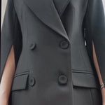 Black Cape Blazer Suit With Cropped Pants Set